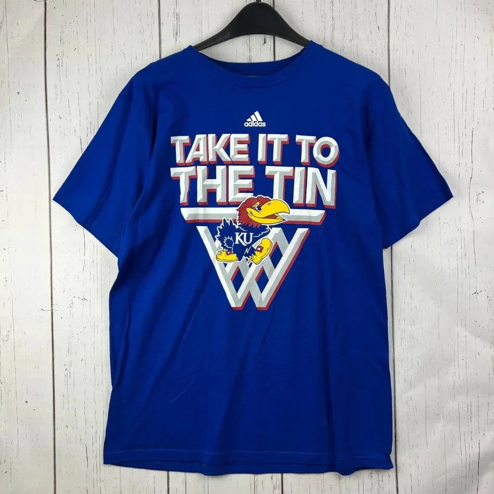 Kansas Jayhawks Basketball NCAA Large Adidas‎ Casual T-Shirt Blue New Men Cotton